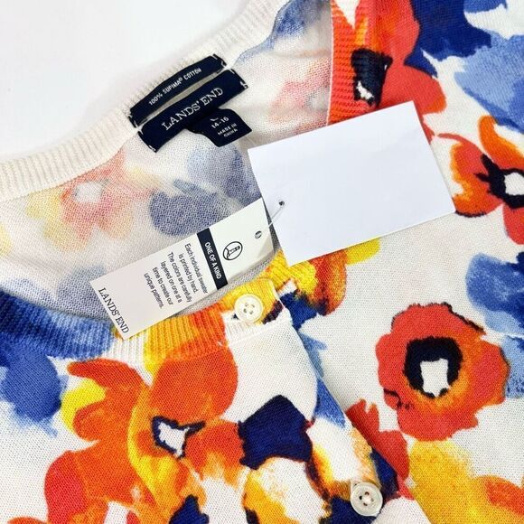 Lands' End Sweater Womens Large Multicolor Supima Cotton Floral Cardigan NWT - Picture 4 of 10
